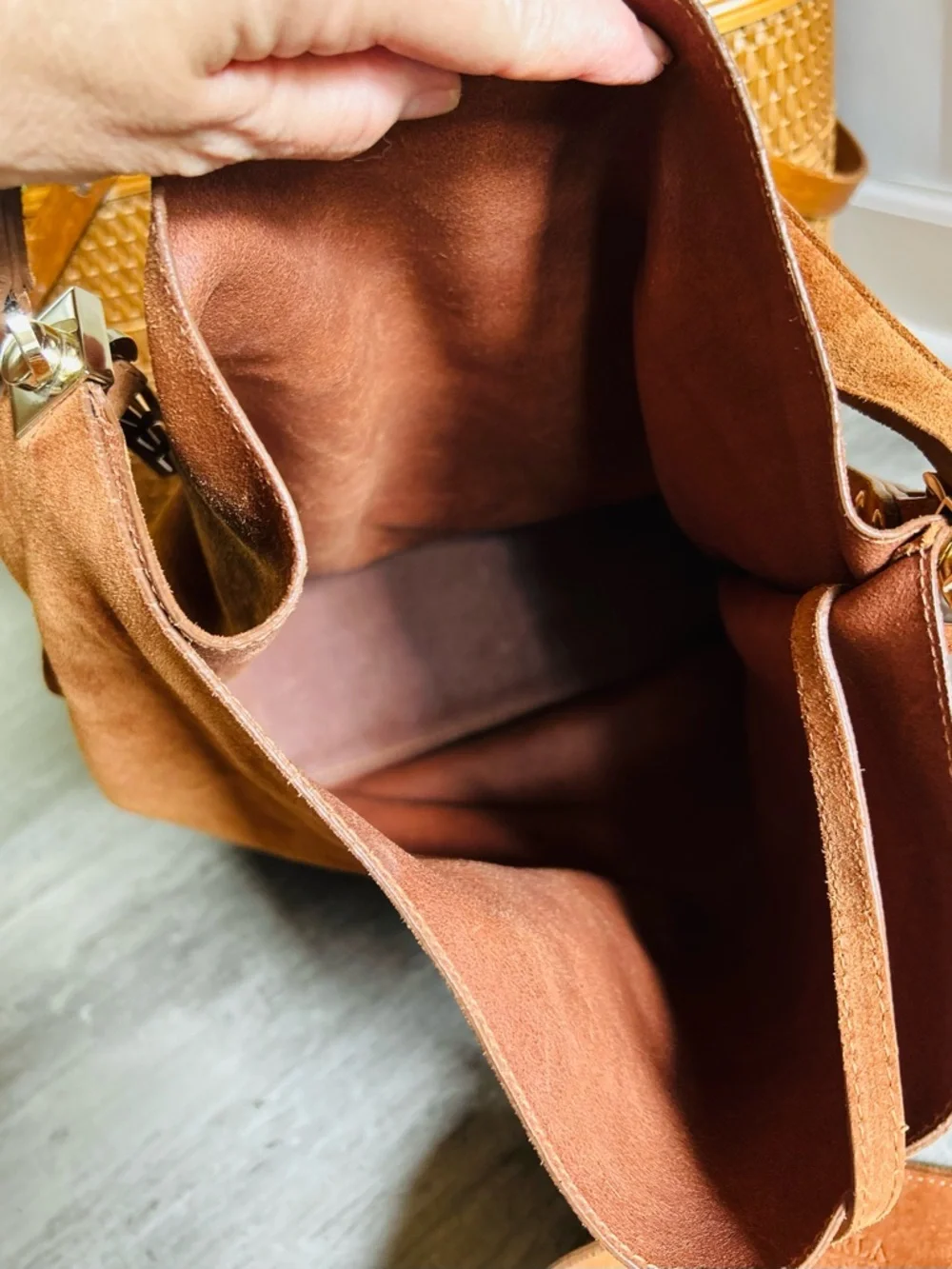 Furla Minerva Suede Hobo Bag Brown Chain Strap Shoulder Boho Luxe Italy Chic